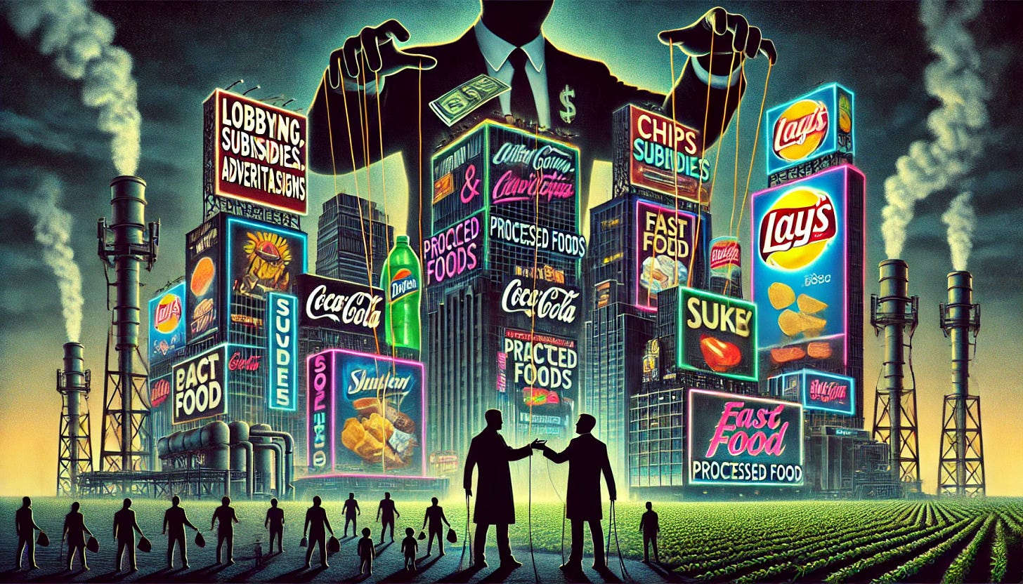 A conceptual artwork titled 'Lobbying, Subsidies, & Advertisements: The Rise of Processed Foods.' The image depicts a dystopian scene where a cityscape is dominated by corporate skyscrapers covered in neon advertisements for processed foods like chips, sodas, and fast food. In the foreground, shadowy figures in suits are shown exchanging money, symbolizing lobbying and government subsidies fueling the rise of the industry. Strings extend from these figures to puppeteer-like consumers who are shown mindlessly buying processed foods. The background fades from natural farmland into industrial factories, highlighting the transition from agriculture to industrial food production. The color palette features stark contrasts, with vibrant neon colors juxtaposed against dark, somber tones, creating a striking and thought-provoking visual.