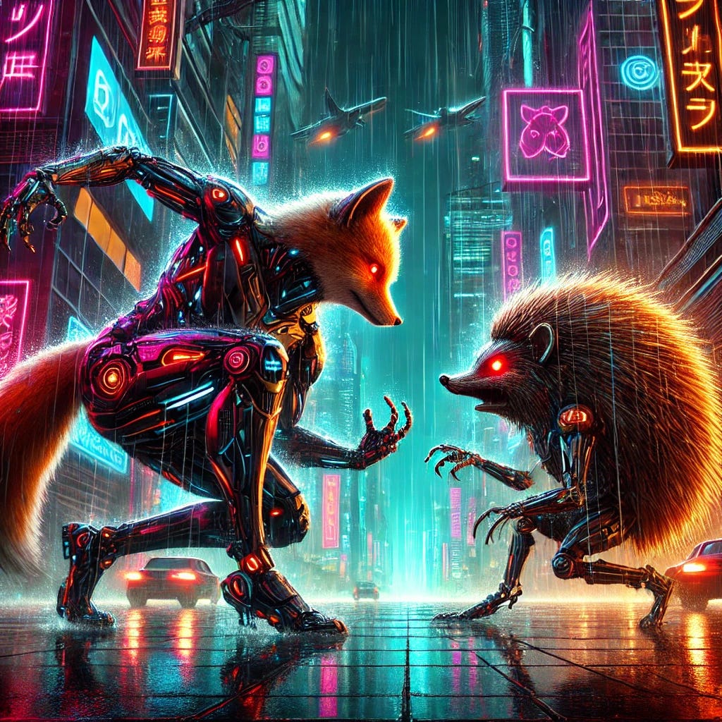 A cyberpunk scene featuring a fox and a hedgehog engaged in a fight in a neon-lit, dystopian city. The fox is sleek and robotic, with glowing red eyes and metallic limbs, lunging towards the hedgehog, which has sharp, glowing quills and an armored body. The background is filled with towering skyscrapers, holographic advertisements, and flying vehicles, with rain pouring down, reflecting neon lights from various billboards. The entire scene has a dark, gritty atmosphere with vibrant, contrasting colors typical of cyberpunk aesthetics.