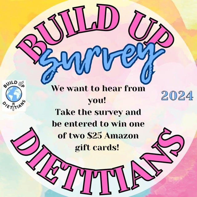 May be a graphic of text that says 'UILD UP BUILD BUILDUP Bnrrey We want to hear from you! 2024 DIETITIANS Take the survey and be entered to win one DIETTTIANS of two $25 Amazon gift cards!'