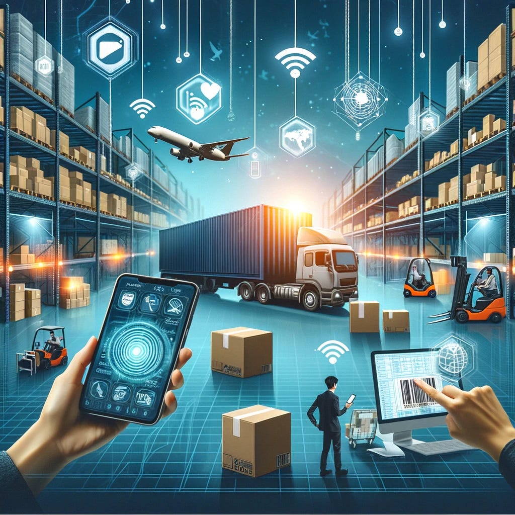 Create an image showcasing RFID (Radio Frequency Identification) technology being used in a supply chain setting. The scene should depict various aspects of RFID application, such as inventory tracking, warehouse management, and logistics. Visual elements might include RFID tags on products, handheld scanners being used by workers, smart shelves in a warehouse, and screens displaying real-time inventory data. Emphasize the efficiency, speed, and accuracy that RFID technology brings to supply chain operations, illustrating how it enables seamless tracking and management of goods from production to delivery.