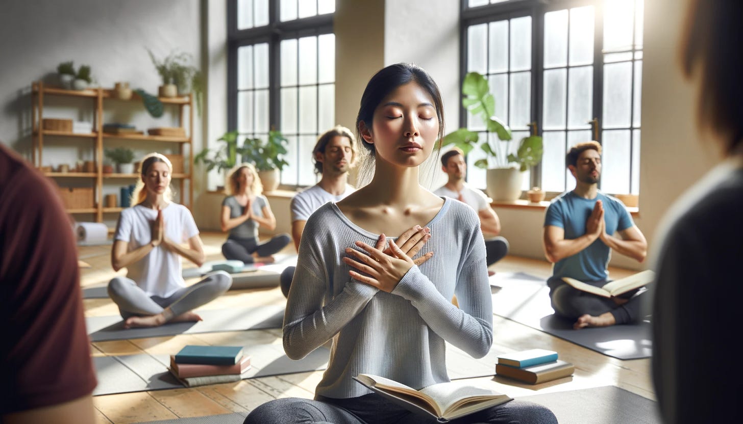 A 30-something Asian American woman is participating in a breathwork class focused on nervous system mastery, in a realistic, light-filled yoga studio. The widescreen image captures her and her friends in the midst of various breathing exercises. No books are present. The woman is in the foreground, eyes closed, hands placed lightly on her chest and abdomen to feel the movement of her breath. Others in the background engage in breath control, some with hands raised in Pranayama exercises, some in deep meditation, and a few performing gentle stretches while focusing on their breathing. The atmosphere is calm and serene, with sunlight filtering through large windows, casting soft shadows, and houseplants adding a touch of nature.
