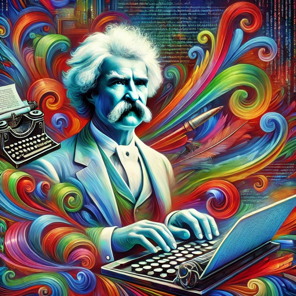 A vibrant and colorful abstract depiction of Mark Twain typing on a modern laptop. Twain, wearing his iconic white suit and bushy mustache, is surrounded by a dynamic mix of bright colors—bold blues, reds, greens, and yellows. The background blends vivid, swirling patterns of old-world elements like typewriters and books with futuristic, digital designs. The flowing text and code around Twain are illuminated in neon shades, creating an energetic and surreal atmosphere, with modernity and history colliding in a burst of colors.