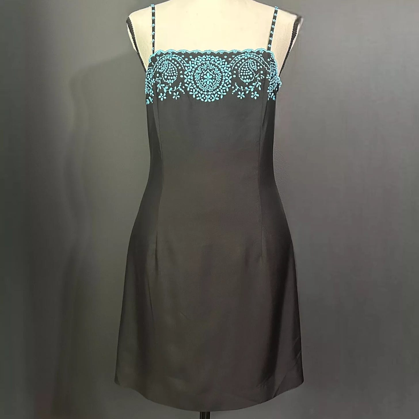 Vintage Y2k 90s Ann Taylor 100% Silk Beaded Mini Dress Summer Fairy Aqua Black 2 - Picture 1 of 9