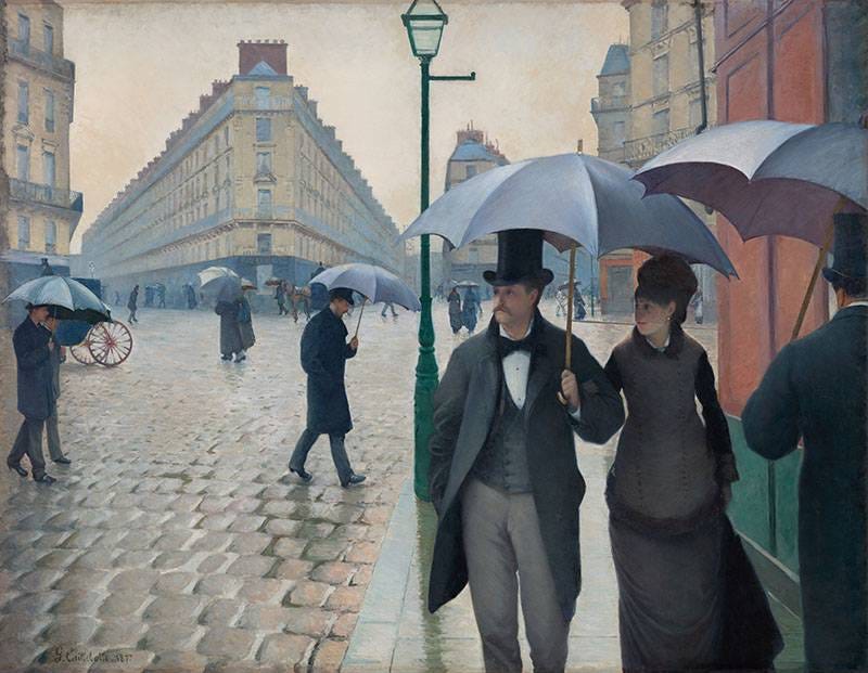A mostly realistic painting of a street scene in Paris, cobbles below, buildings in sharp perspective above, and right in front of us, a couple strolling, one of them holding an umbrella to ward off the rain, both looking off to the side, attention captured by something we cannot see. It is perfect flânerie.