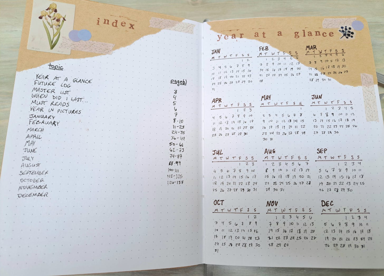 Image of my notebook with an index listed on the left page and calendars for each month of the year on the right page