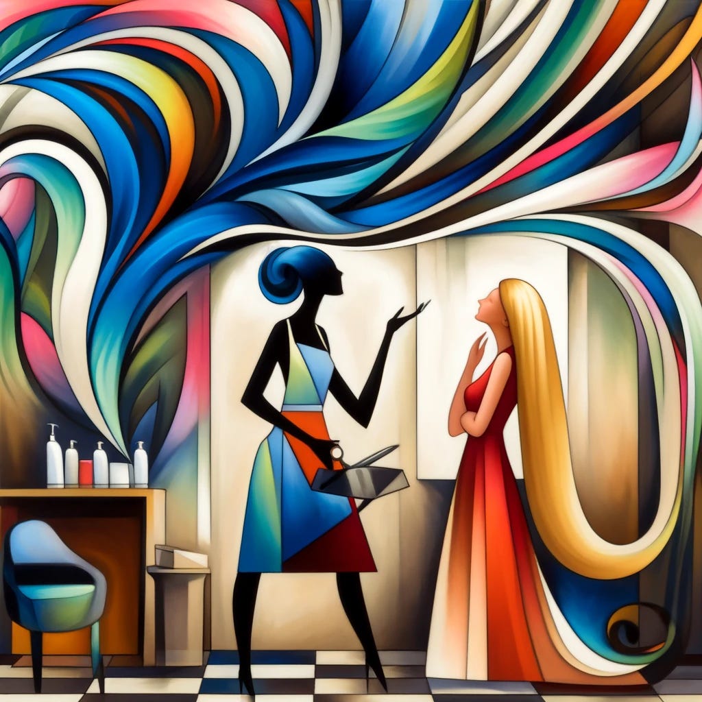 An abstract painting depicting a hairdresser and a client arguing over the bill inside a salon. The scene should use abstract forms and exaggerated features to represent the figures: the hairdresser as a tall, slender figure with dark abstract swirls around the head, symbolizing hair, and wearing a colorful, patterned apron. The client should be represented with bright, flowing lines and curves for blonde hair, wearing a simple, bold-colored dress. The salon setting should be suggested through geometric shapes and a mix of intense colors, emphasizing the emotional tension of the argument.