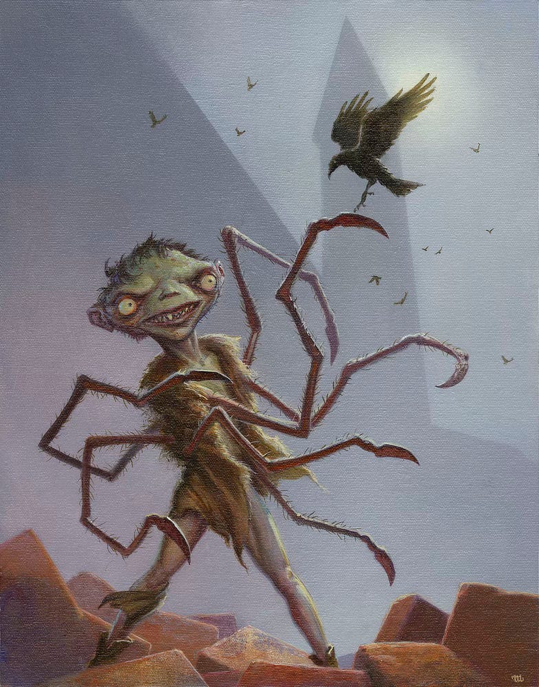 Mordred is portrayed mid-transformation, half-spider but still human in his lower extremities. The brown cloth he wears is in tatters as spider limbs sprout from the sides of his torso. Each is furry, multi-jointed, and ends with a curving point. Mordred's head is pale green and football-shaped with bulging yellow eyes set on the side focused on a rook landing with wings spread on one his extended claws. Boyishly thin black hair tops the curve of his head. His mouth is wide exposing pointed teeth. He stands on an uneven pile of stone blocks with the high walls of a castle rising behind him and a tower rendered in silhouette.