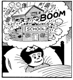 This may contain: a cartoon drawing of a boy in bed with the word boom above him and an image of