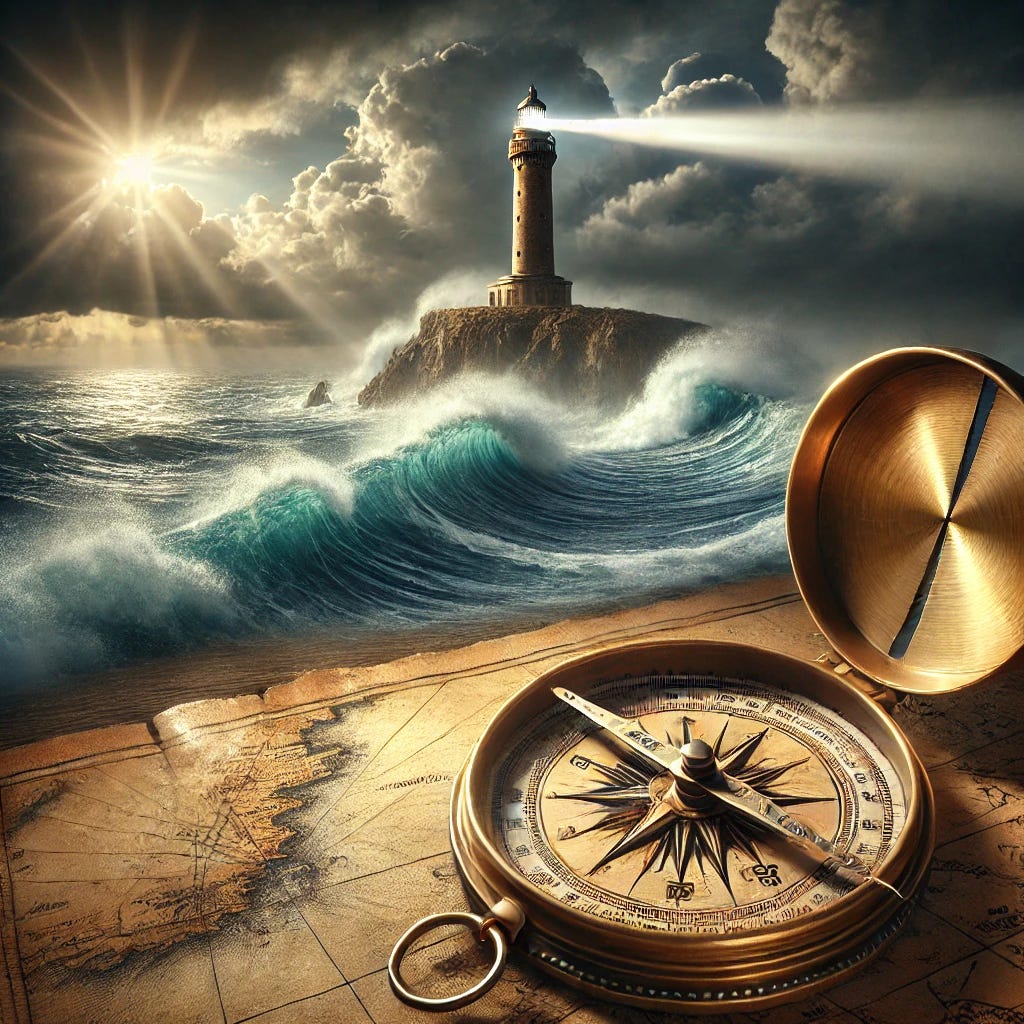 A photorealistic image of an ancient brass compass lying on a weathered nautical map, with the needle pointing to true north. The map shows a maritime route across a stormy ocean with gigantic waves and dark clouds on the horizon. In the distance, a towering lighthouse stands on a rocky cliff, emitting a bright beam of light that pierces through the darkness. The image should have dramatic lighting, emphasizing the contrast between the lighthouse's light and the dark sea. The compass is in the foreground, with signs of use like scratches and stains on the brass. The map is partially rolled up, revealing the maritime route and ocean details. The lighthouse is imposing and detailed, with its bright light reflecting on the water. The waves are gigantic and threatening, with white foam and detailed water textures. The dark clouds create a sense of an impending storm. The color palette should reflect the dramatic atmosphere, and the details and textures should create a realistic and convincing image. The lighting techniques should highlight the contrast between light and darkness, and the composition should be visually impressive, capturing the essence of conscious adaptation and navigating through change, guided by values and principles even in the most challenging times.