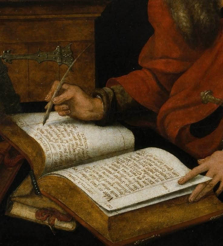 This may contain: a painting of a man holding a pen and writing on an open book with two hands