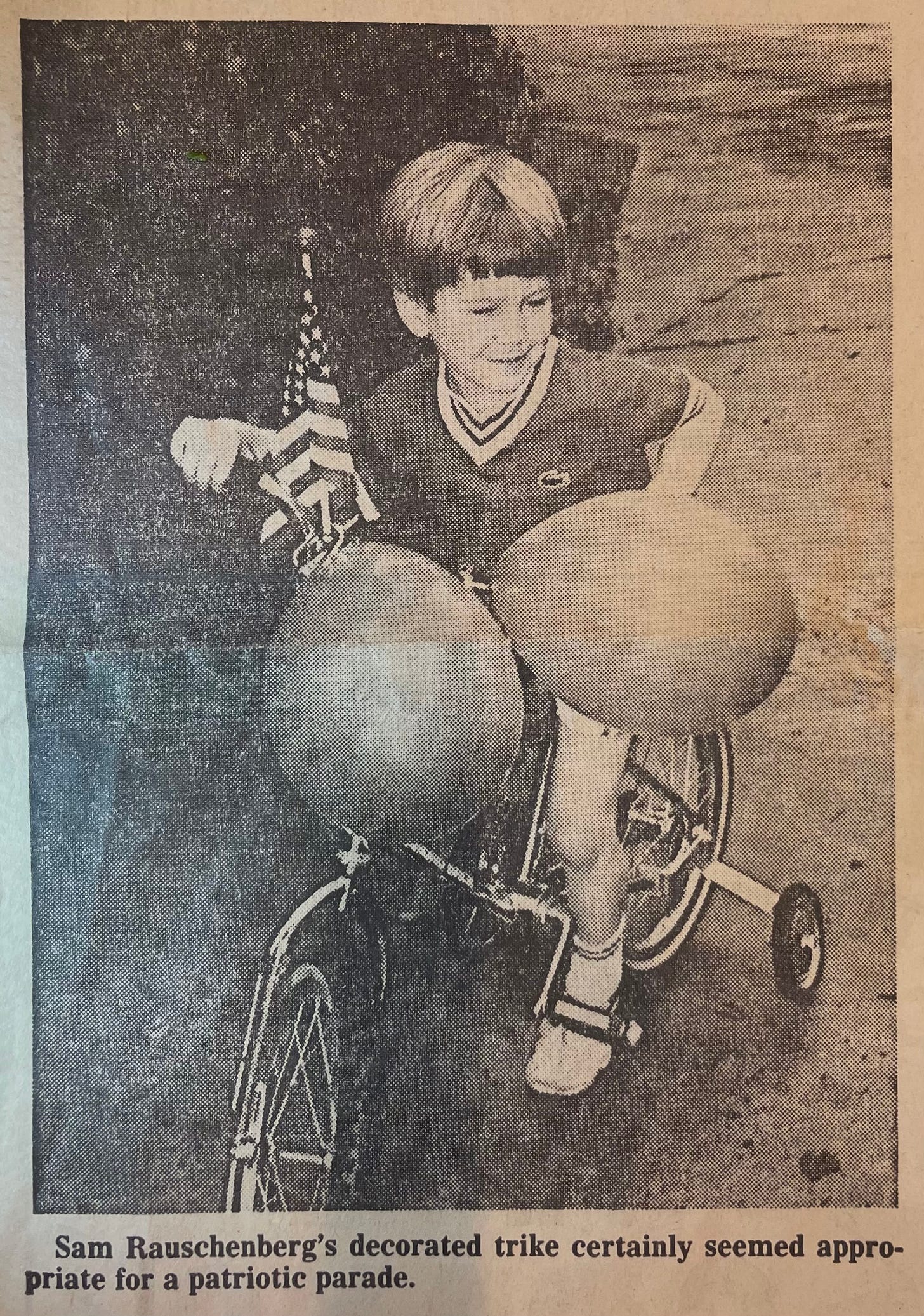 Photograph of author in 1989 with decorated bike. July 7, 1989 issue of the Dalton Advertiser (props to my mom for tracking it down on short notice)