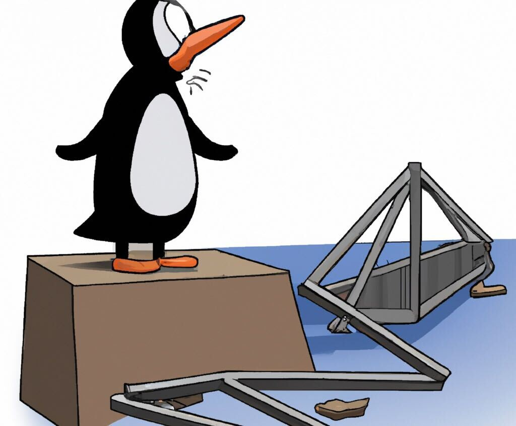 DALLE2-generated cartoon of a penguin standing on a pedestal, looking over a bizarre collection of grey beams above a blue background, which is meant to represent a collapsed bridge.