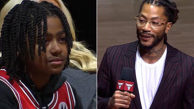 Emotional moment NBA legend Derrick Rose and kids cry at ceremony for  Chicago Bulls icon | Daily Mail Online