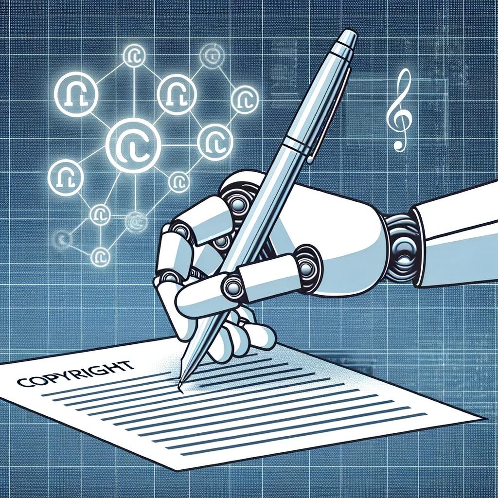A simple illustration showing a robotic hand holding a pen, poised over a paper with copyright symbols and legal documents scattered around. The background is a digital grid, symbolizing the digital nature of AI. The image should have a straightforward, clear composition, focusing on the theme of AI and copyright in a direct and less abstract manner.