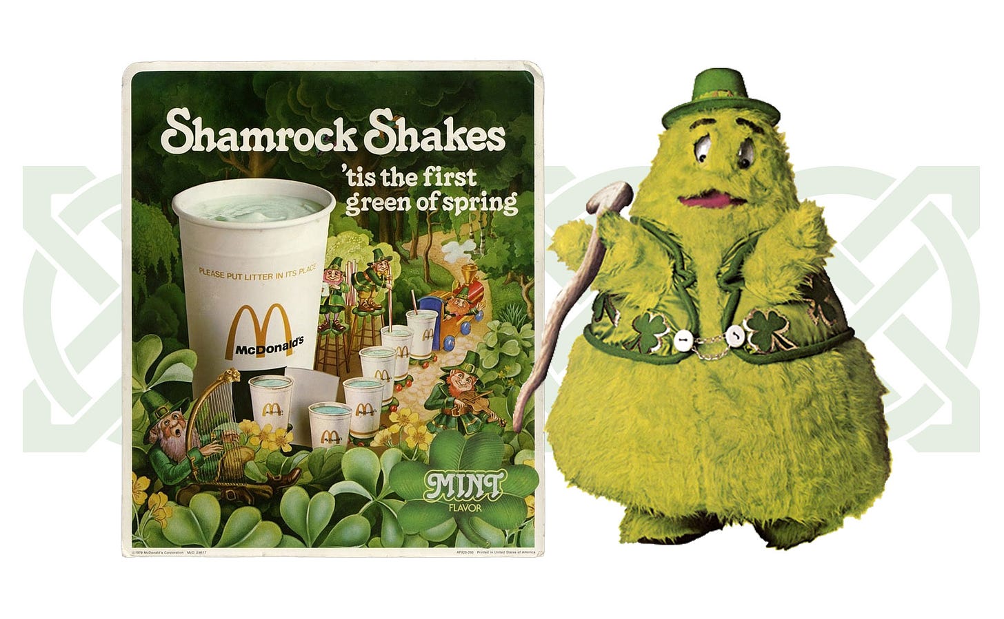 an old ad for shamrock shakes plus an image of uncle o'grimacey, which is basically a green version of grimace wearing a hat, shamrock covered vest, and with a wooden staff