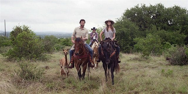 Walker Jared Padalecki riding bareback with his son August and daughter Stella.