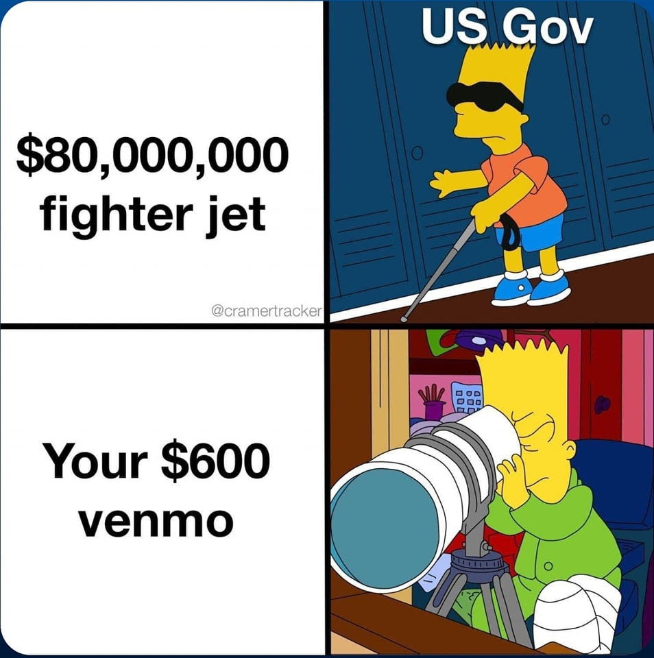 May be an image of money and text that says 'US Gov $80,000,000 fighter jet @cramertracker Your $600 venmo'