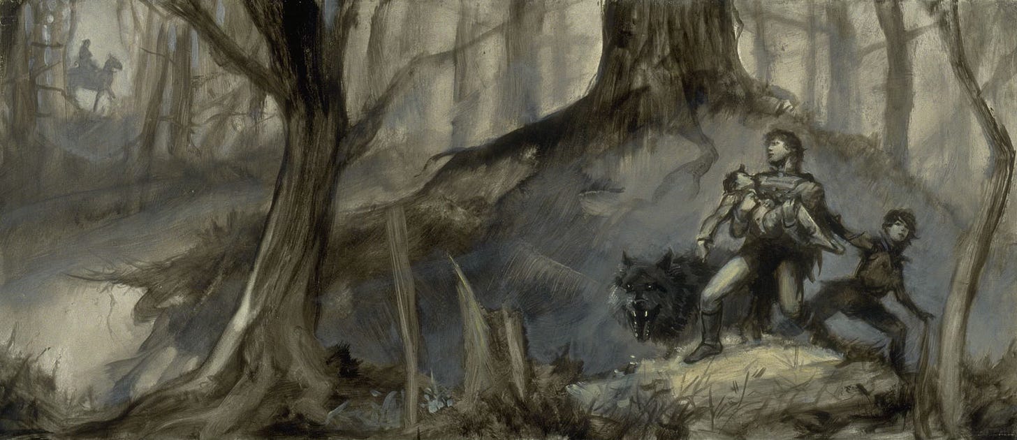 Tonal painted concept for IN DAI CHIKIZA featuring a man cradling a wounded companion in his arms. He's flanked on one side by a wolf and on the other by a female. Hidden in the background left of the forest is a rider on horse in silhouette.