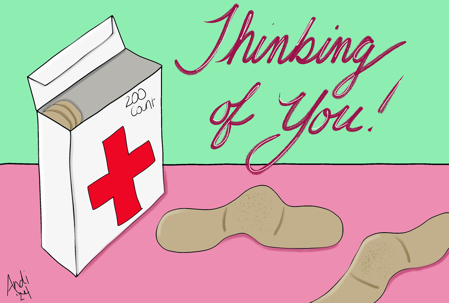 "Thinking of You!" postcard featuring box of bandages and couple of open bandages on table