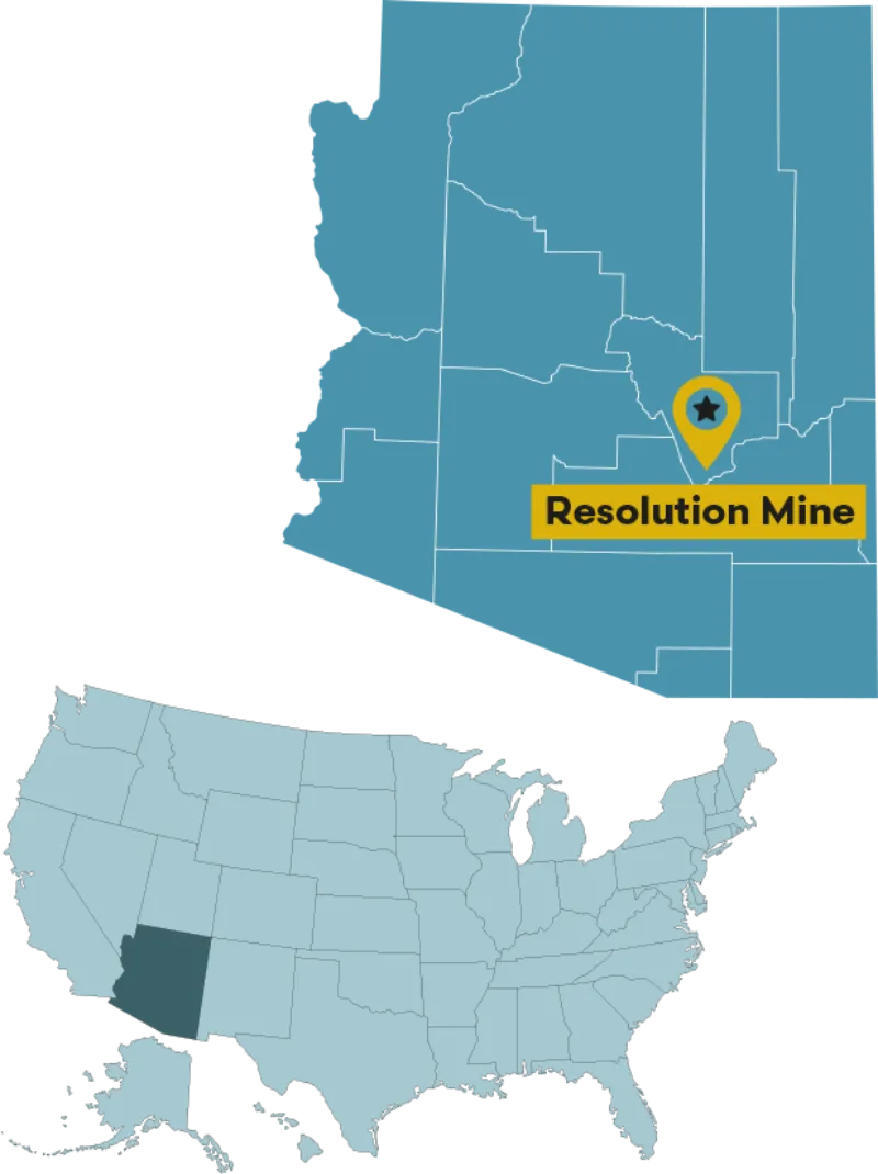 US Map highlighting Resolution Mine in Arizona