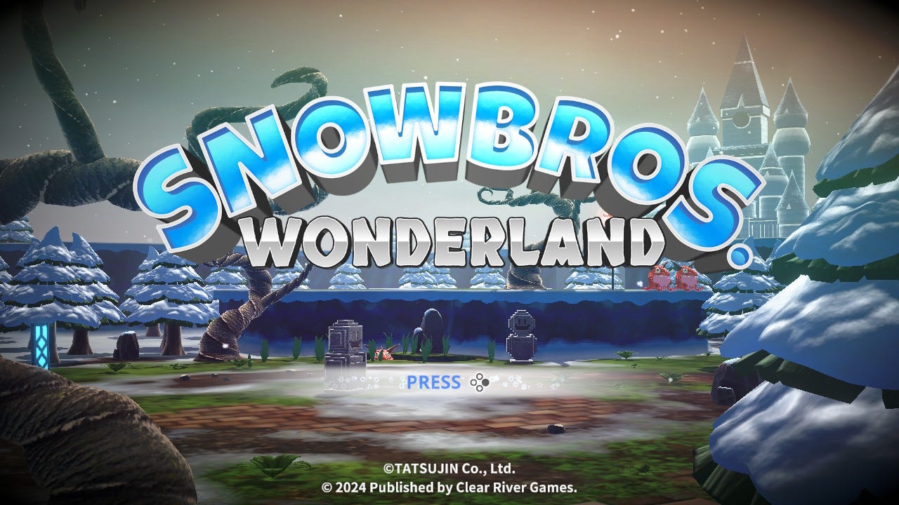 A screenshot of the title screen for Snow Bros. Wonderland, with its logo front and center, and a zoomed in version of part of the first world's game map used as a background.