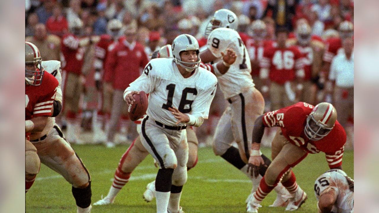 San Francisco 49ers vs. Los Angles Raiders at Candlestick Park Saturday, August 4, 1984.  Pre-season Game.   Los Angles Raiders Quarterback Jim Plunkett (16).  (AP Photo/Al Golub)