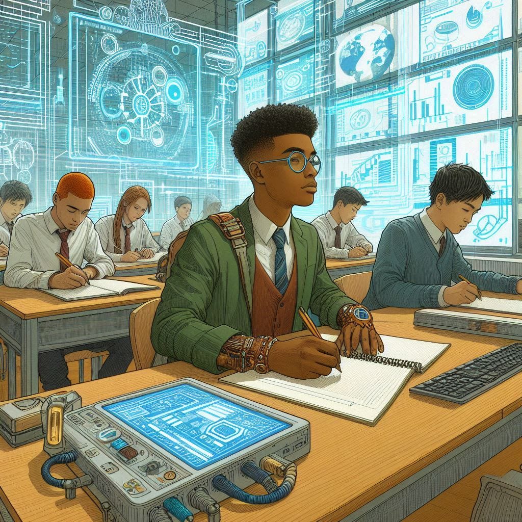 students in a classroom in the future, solarpunk drawing picture