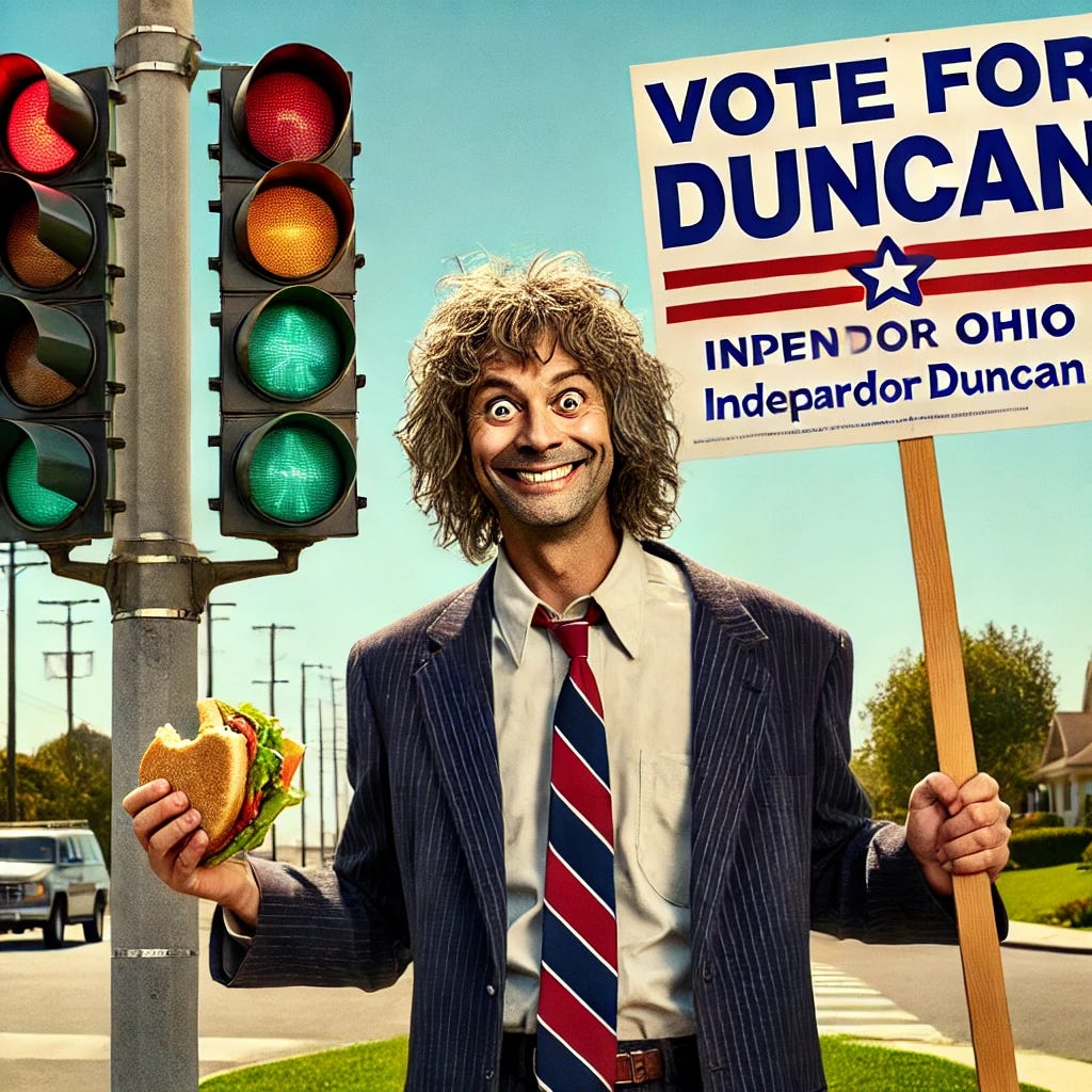 A humorous satirical image of Independent presidential candidate Richard Duncan from Ohio standing in front of a traffic light, holding a sandwich in one hand and a sign that says 'Vote for Duncan!' in the other. He is smiling and wearing a casual suit, with a quirky and lighthearted vibe. In the background, there are synchronized traffic lights turning green and a peaceful street scene, with a small group of supporters holding sandwiches and waving at him. The sky is bright and clear, giving the image a fun and optimistic feel.