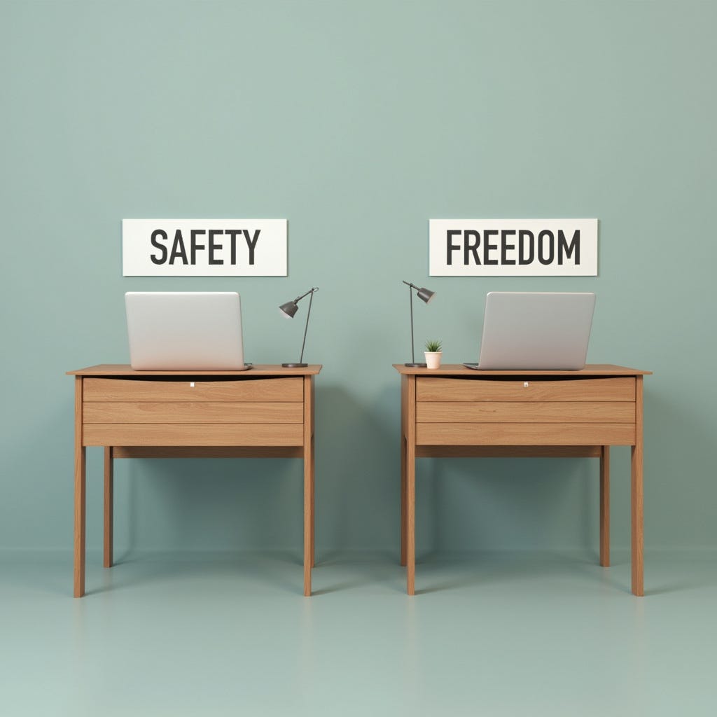 Two desks, one labelled "Safety" and one labelled "Freedom"