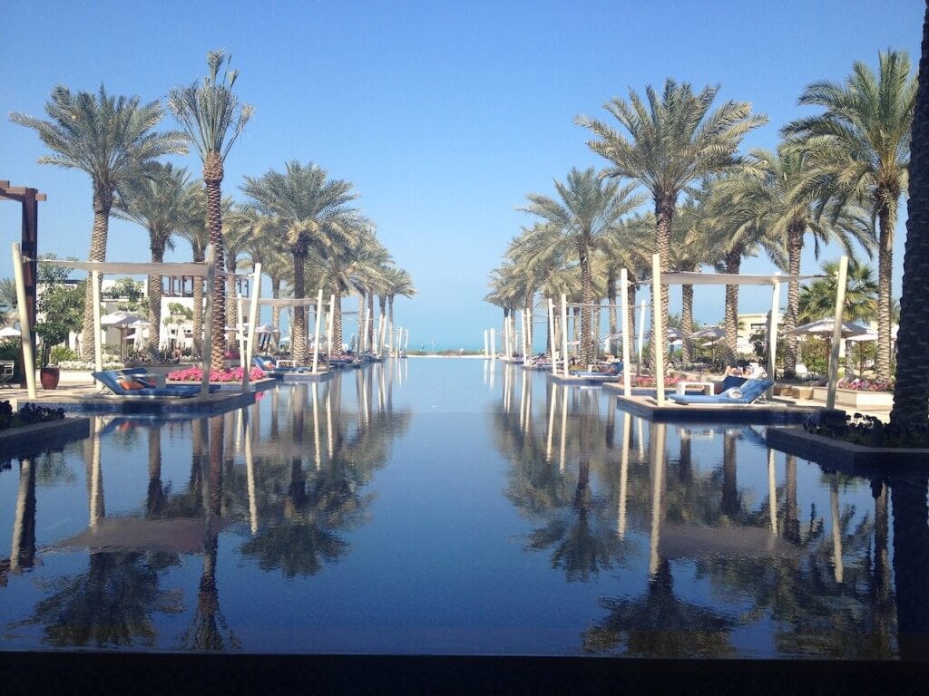 View over the pool and beach from the main hotel