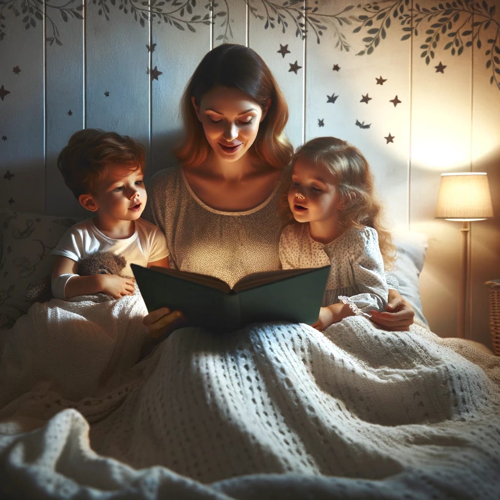 A heartwarming scene of a mother reading a bedtime story to her son and daughter. The mother is sitting on the bed, with one child on each side, both children are tucked under a cozy blanket, their eyes are wide with wonder as they listen intently. The mother holds an open book, animatedly bringing the story to life with her expressions and gestures. The room is softly lit by a night lamp, casting a calm and soothing glow, perfect for bedtime. The walls are decorated with gentle, dreamy motifs, enhancing the bedtime atmosphere. This scene captures the nurturing moment of a family ritual, emphasizing the warmth and love that bedtime stories bring to children, strengthening the bond between them and their mother.