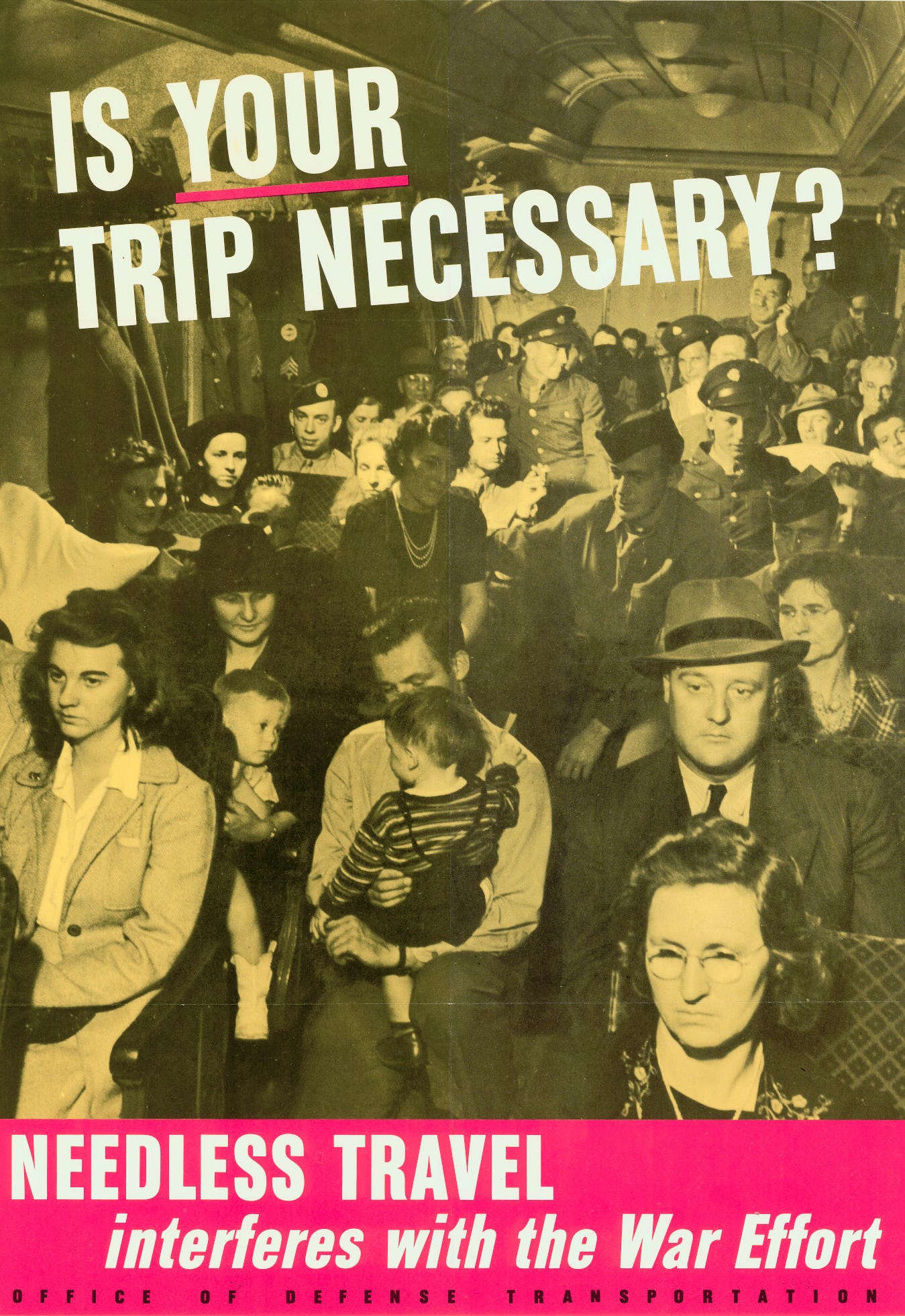 World War II poster depicting a crowded train to discourage nonessential travel. World War II poster depicting a crowded train to discourage nonessential travel.