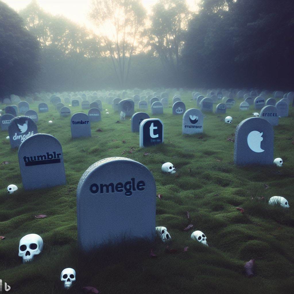 graveyard with tombstones that say Omegle, Twitter and Tumblr
