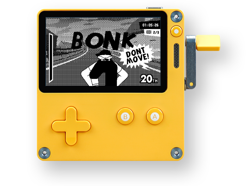 The Playdate handheld with crank showing a cycling in a race