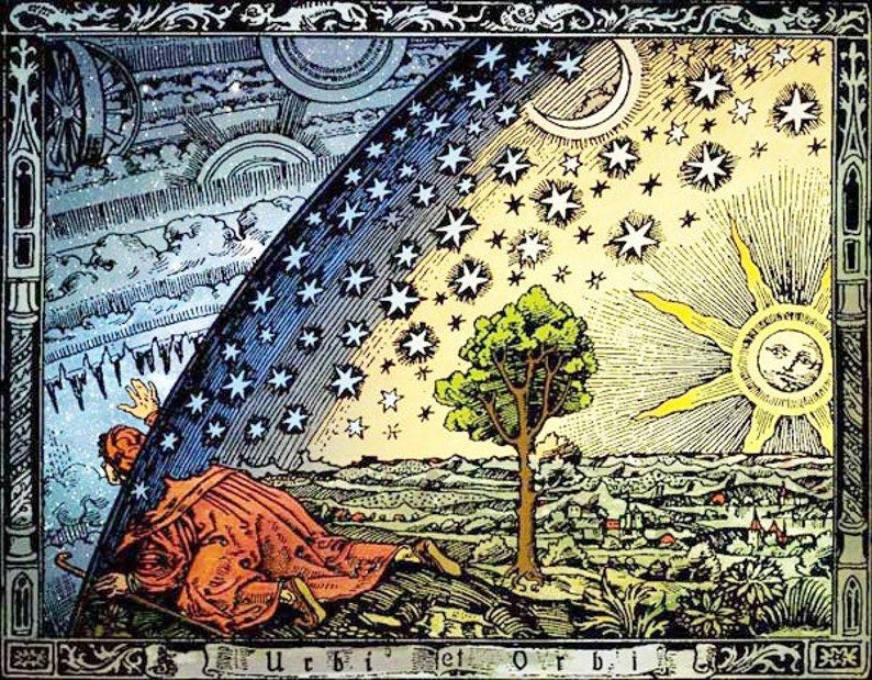 May include: A vintage woodcut illustration depicting a geocentric model of the universe. A figure in a red robe kneels on a green landscape, looking up at a blue and gold sky filled with stars. The sun, with a face, is in the upper right corner, radiating yellow rays. The text at the bottom reads 'Urbi et Orbi'.