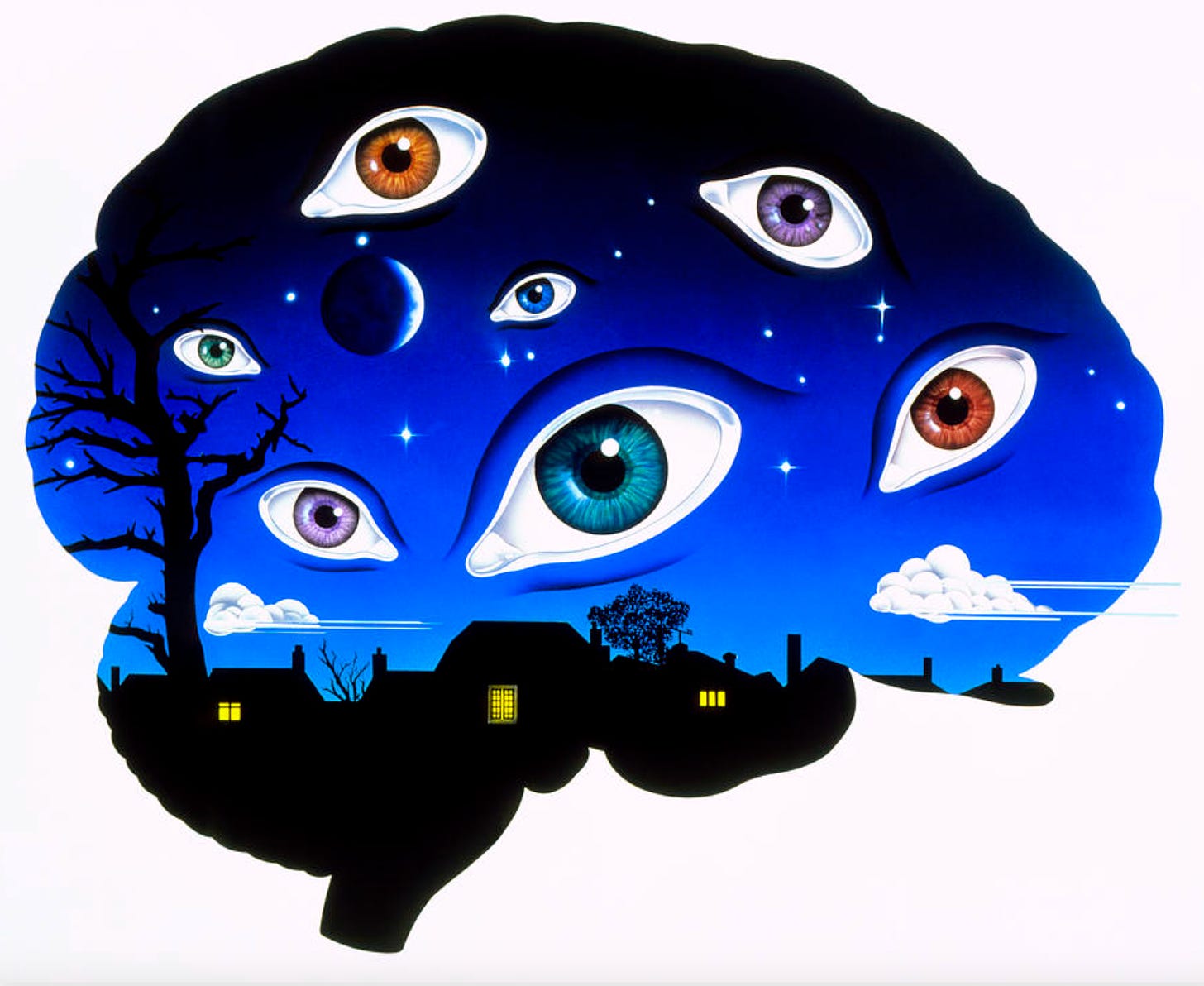 Shape outline is a brain inside is dark blue and black with wide open eyes of different sizes suspended in the sky