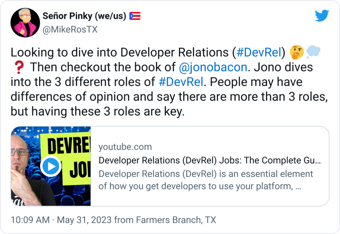 Señor Pinky (we/us) 🇵🇷 @MikeRosTX Looking to dive into Developer Relations (#DevRel) 🤔💭❓ Then checkout the book of  @jonobacon . Jono dives into the 3 different roles of #DevRel. People may have  differences of opinion and say there are more than 3 roles, but having these 3 roles are key.