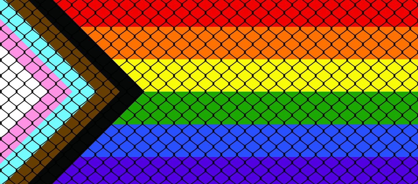 The Pride Progress flag behind a chainlink fence.