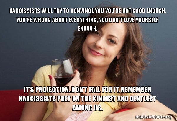 smiling woman with caption "Narcissists will try to convince you you're not good enough, you're wrong about everything, you don't love yourself enough. Don't fall for it. remember, Narcissists pray on the kindest and gentlest among us."