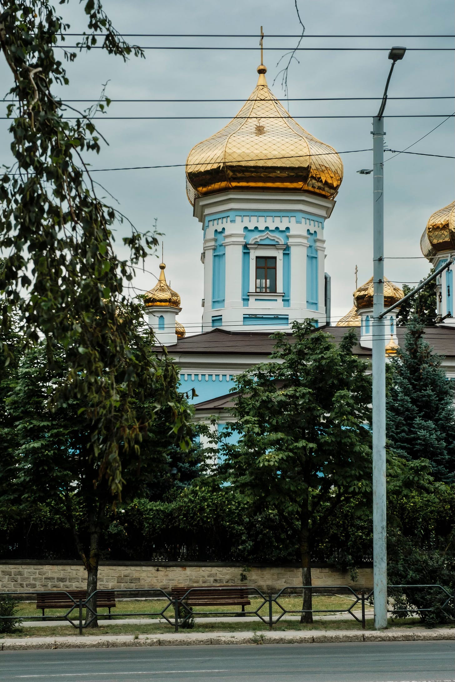 Chisinau, Moldova: the blue walls and golden roofs of a monastery