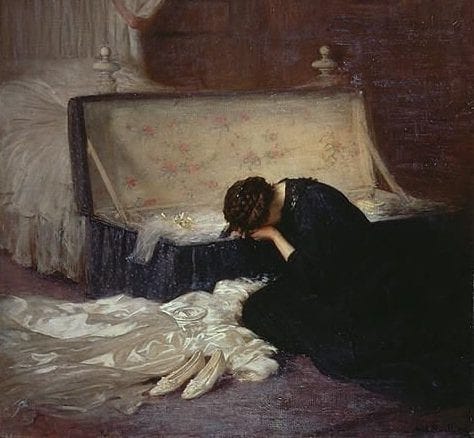 The painting, "The Wedding Dress," by Frederick Elwell shows a young woman's grief