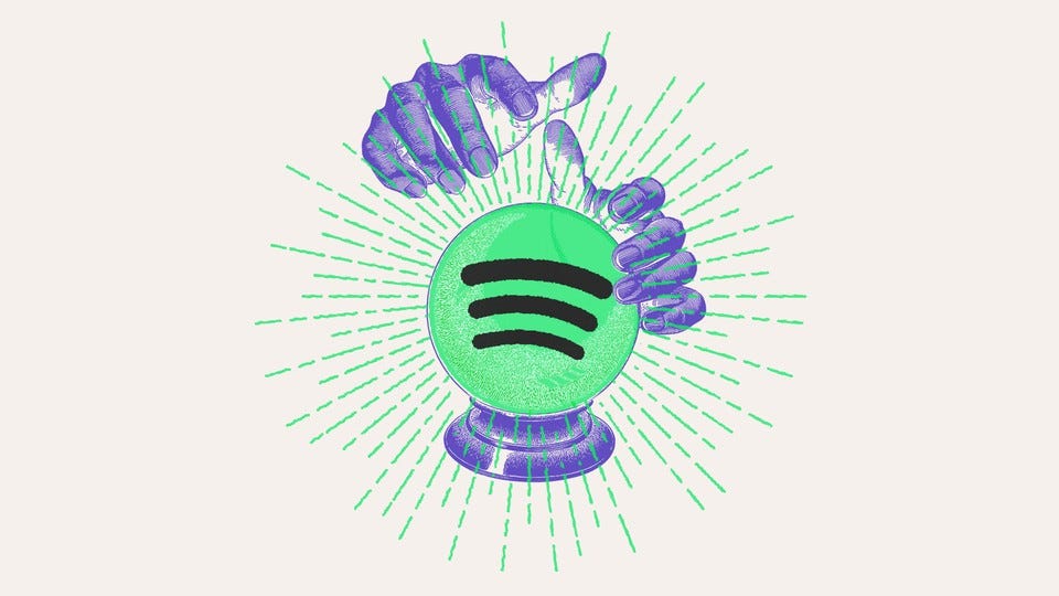 A pair of purple hands hover over a crystal ball, made of the Spotify logo
