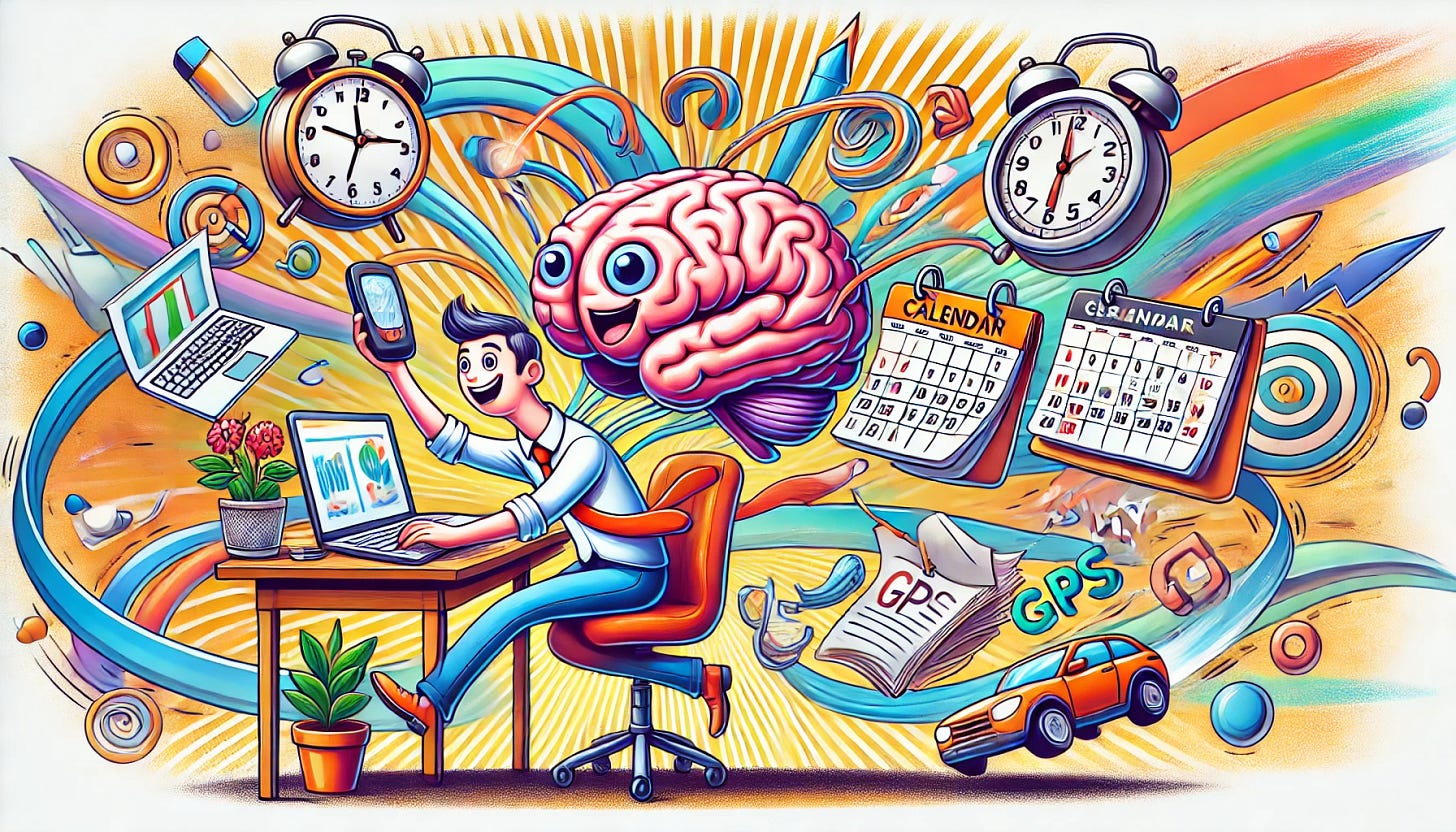 A whimsical illustration of a person with a comically chaotic desk, juggling items like a clock, a calendar, and a plant, while an ADHD brain is personified as a playful character zipping around with a GPS in hand. The setting is bright and vibrant, with exaggerated, cartoonish details to evoke humor and energy. The background includes abstract patterns that convey motion and activity, blending a sense of organization with creative chaos.