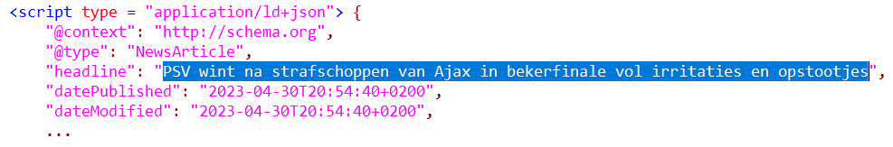 A snippet of NewsArticle structured data with the headline attribute highlighted