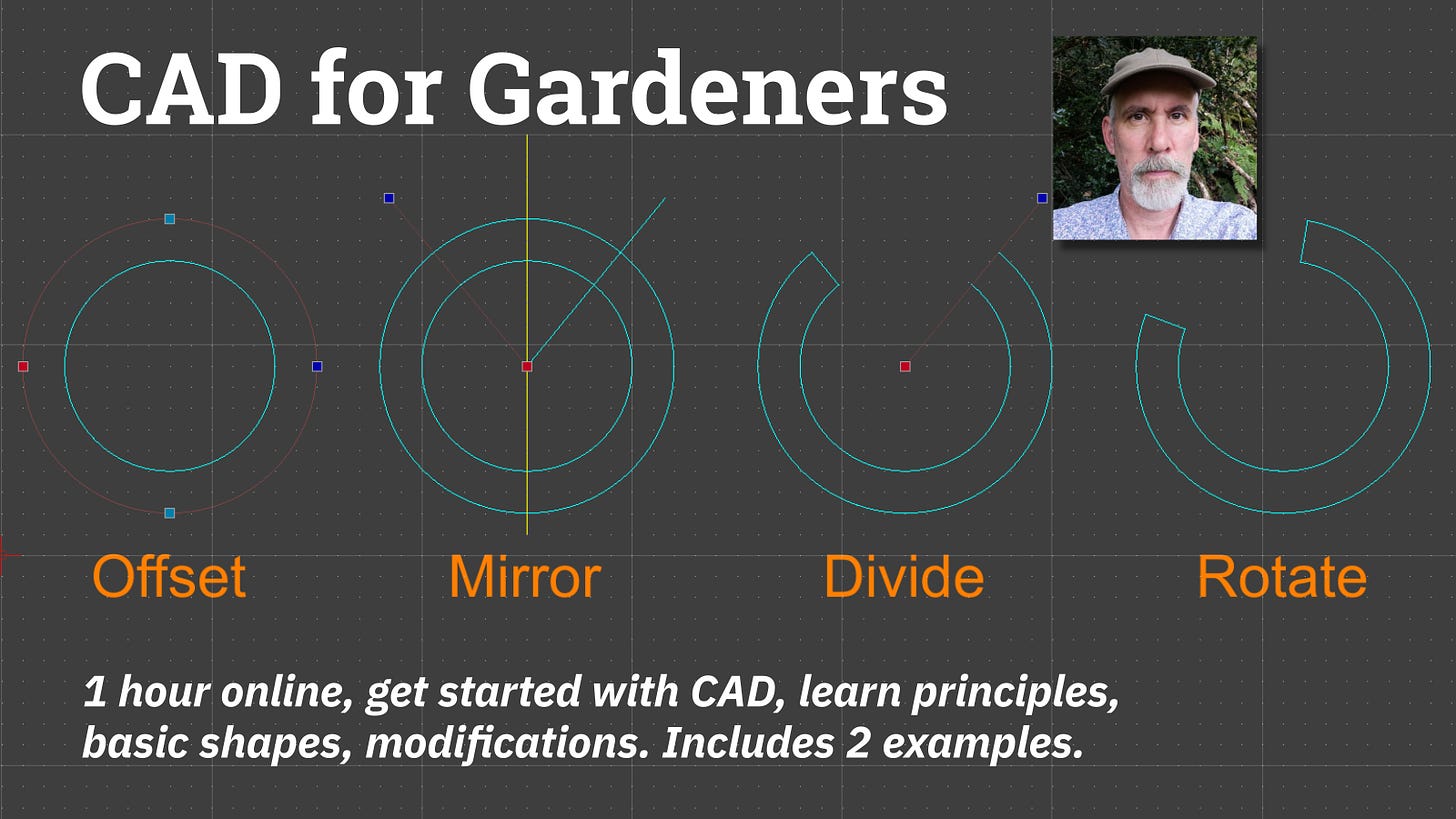 Banner with CAD circles and text "CAD for Gardeners" & "1 hour online, get started with CAD, learn principles, basic shapes, modifications. Includes 2 examples." And a rather pensive man with a baseball cap