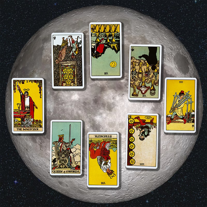 Eight Rider-Waite tarot cards arranged in a lunar cycle pattern over a full moon background, featuring Eight of Cups reversed, Seven of Cups, Seven of Swords, Eight of Pentacles reversed, Strength reversed, Queen of Swords, The Magician and Five of Pentacles reversed.