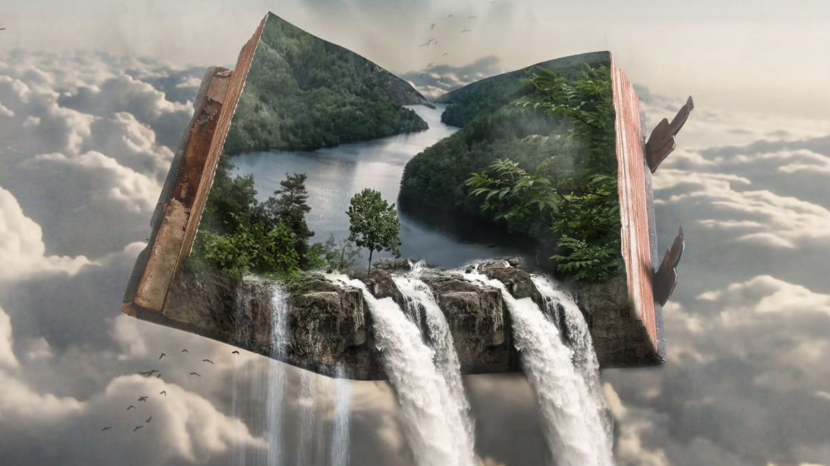 Upon a bed of clouds, a heavy tome opens to reveal a fantastical wooded landscape where the river rushes straight off the pages into a waterfall