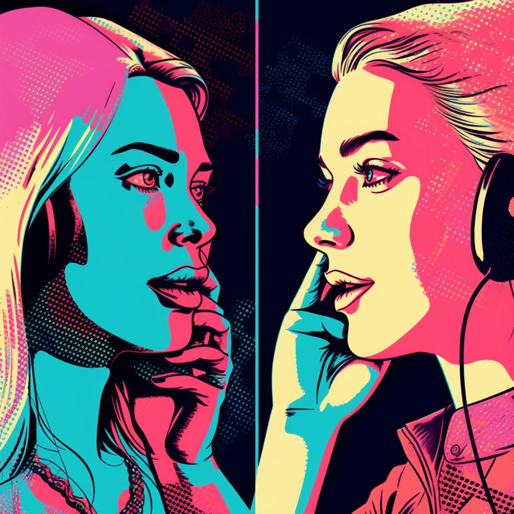 Pop art image of two women on the phone, split screen