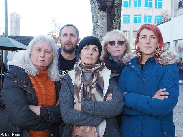 Campaigners have been battling against the felling of established trees on Plymouth's Armada Way in the Devon city's shopping centre (pictured, left to right: Lynne Sears, Mark Thomas, Gin Farrow-Jones, Penny Tarrant and Ali White)