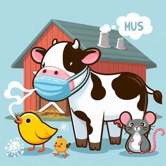 A cow a bird a cat a mouse all have the flu at a dairy farm. Image 4 of 4